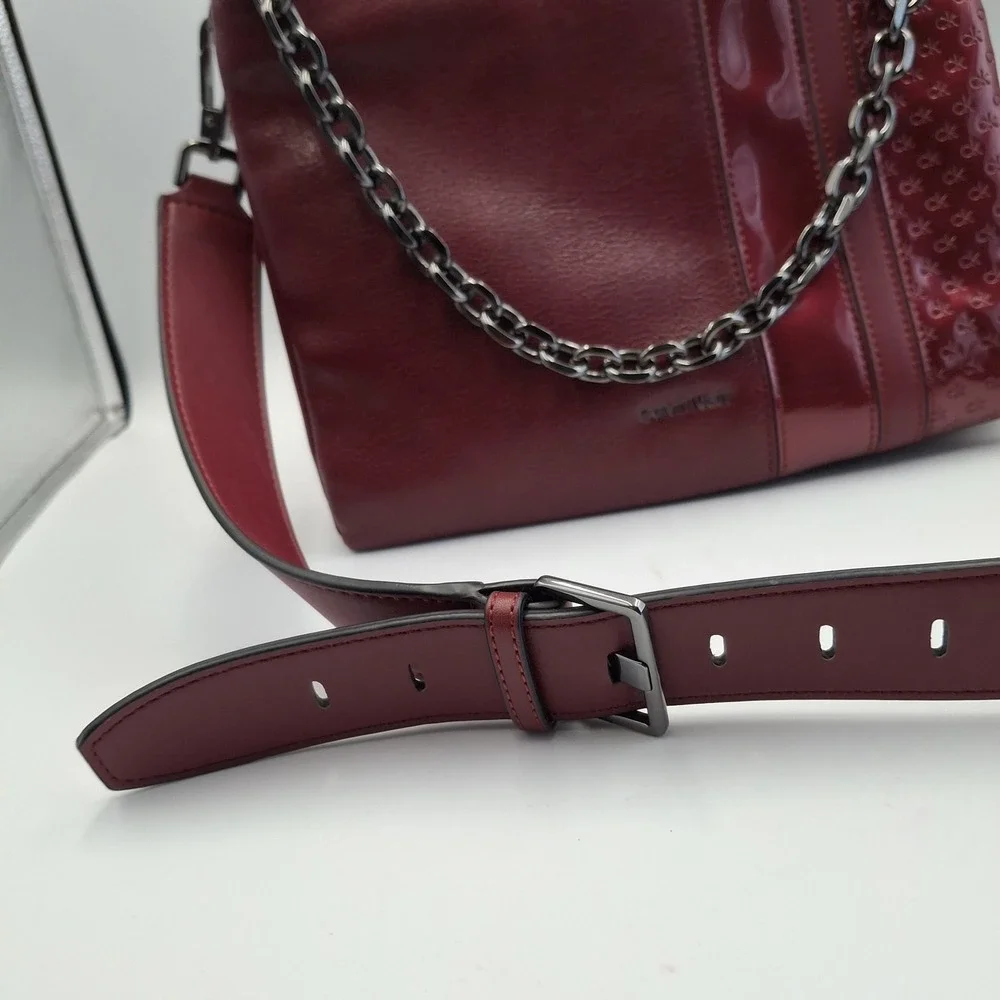 Calvin‎ Klein Crossbody Bag Burgundy Wine Mixed Media Embossed CK Logo Chain